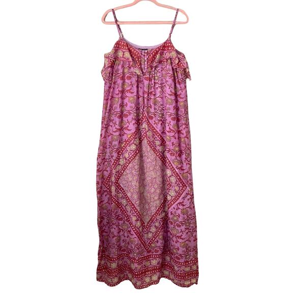Antik Batik Dress Womens Medium Pink Maxi Geo Floral Ruffle Boho Hippie Beachy - Picture 1 of 13